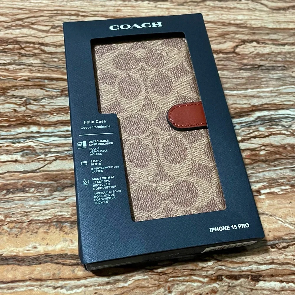 Coach Phonecase Brown Signature C Monogram Logo Folio Wallet Case iPhone 15 Pro